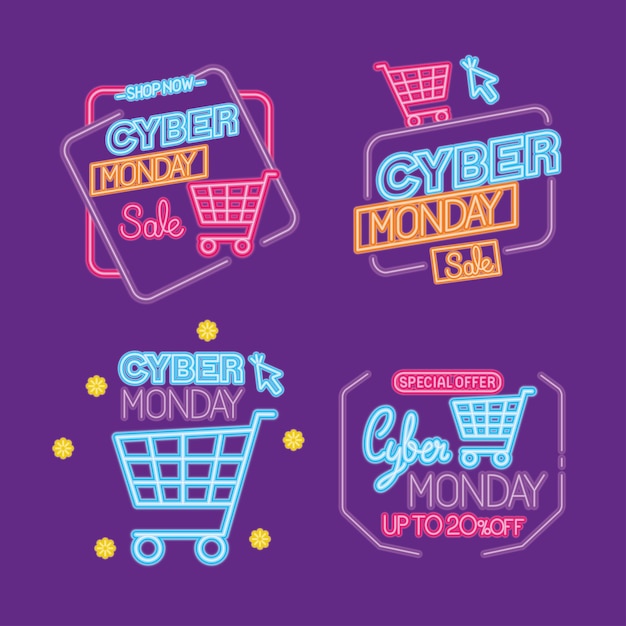 Cyber monday neon icon collection design, sale ecommerce shopping online