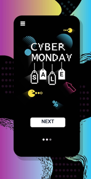 Vector cyber monday online sale poster advertising flyer holiday shopping promotion 8-bit pixel art style banner vertical vector illustration