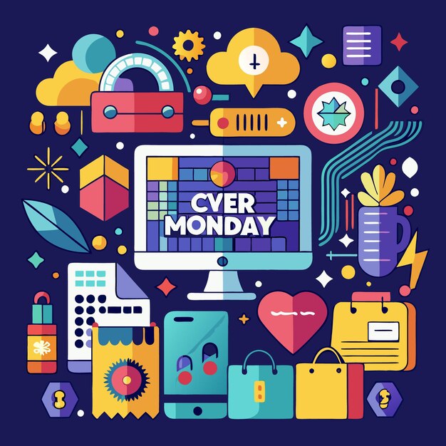 Vector cyber monday online shopping with colorful icons and a computer screen