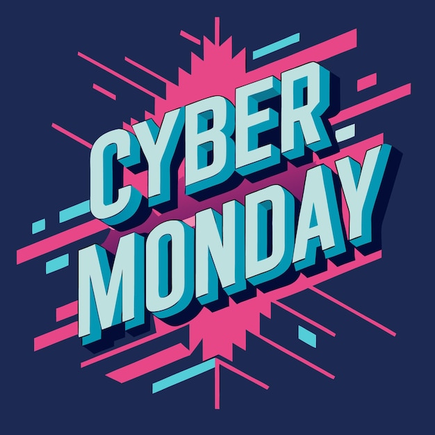 Vector cyber monday sale announcement in bold blue and pink text with geometric accents