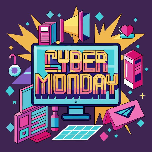 Vector cyber monday sale announcement with a computer monitor and colorful geometric design elements