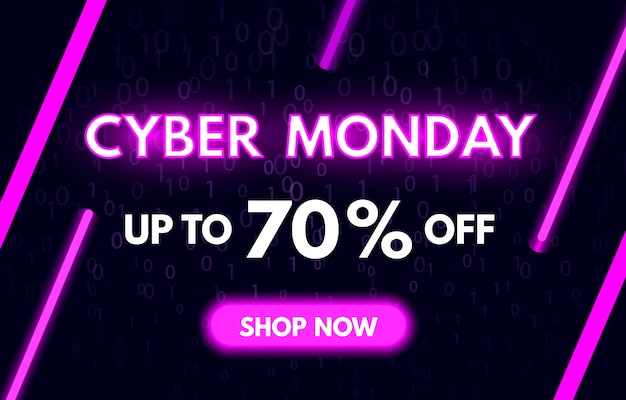 Cyber Monday sale banner in fashionable neon style. Shop now concept. Nightly advertising of sales rebates of Cyber Monday. Bright purple luminous signboard.