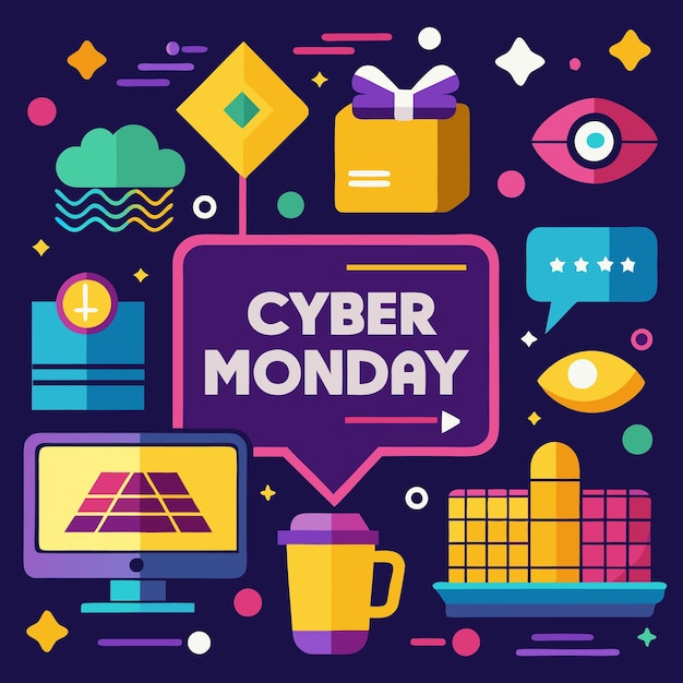 Vector cyber monday sale banner with colorful flat design elements