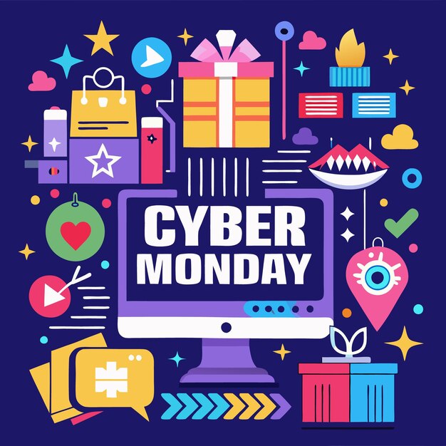 Vector cyber monday sale illustration with computer gift boxes and colorful elements