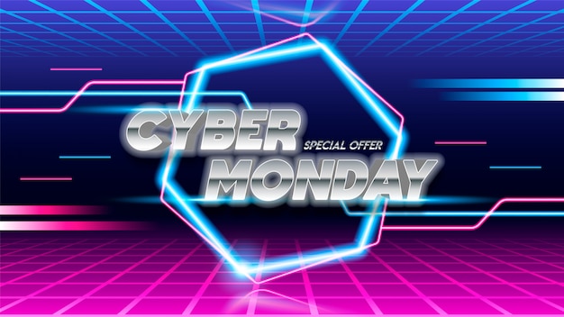 Cyber Monday sale poster design on blue and pink background.