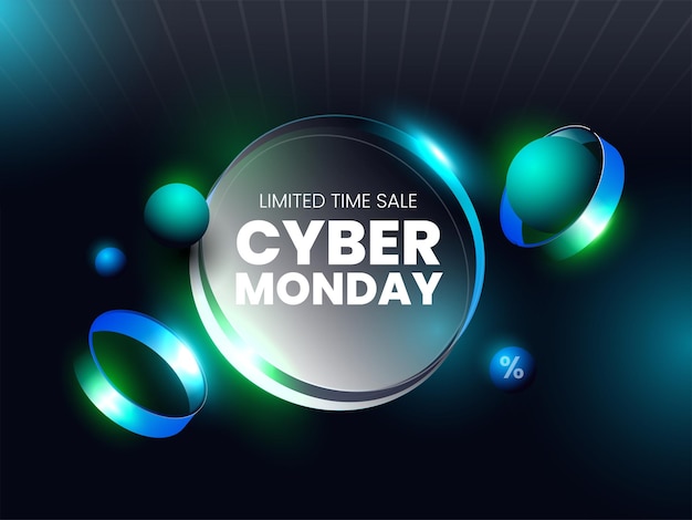 Cyber Monday Sale Poster Design With Shiny Gradient Round Shape On Teal Blue Rays Background