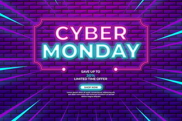 Cyber monday sale special offer poster with neon style