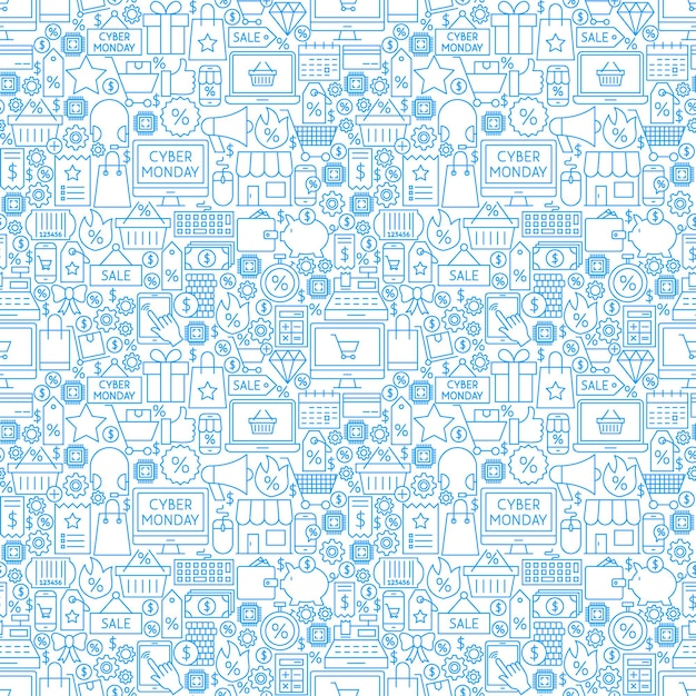 Cyber Monday Seamless Pattern. Vector Illustration of Sale Outline Background.