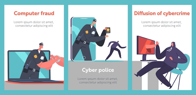 Cyber Police Cartoon Banners Policeman Character Catching Robber through Computer or Smartphone Screen Information