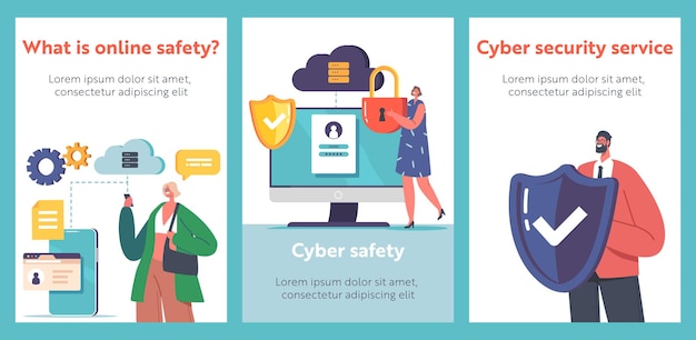 Cyber Safety Cartoon Banners Computer Security Internet Privacy Data Protection Virtual Network and Cloud Storage