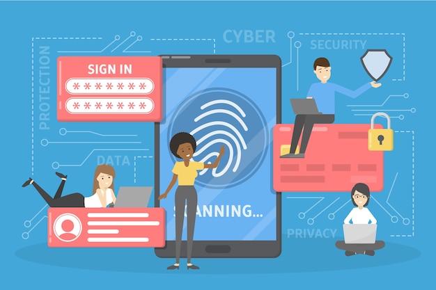 Cyber security concept. Idea of digital data protection and safety. Modern technology and virtual crime. Access to information through password or fingerprint.   illustration