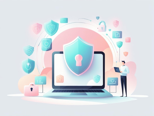 Vector cyber security concept with shield computer and laptop vector flat illustration