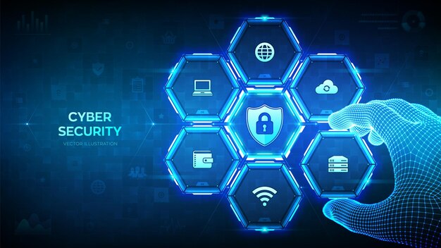 Vector cyber security data protection concept shield protect icon internet privacy and safety antivirus wireframe hand places an element into a composition visualizing cyber security processes vector