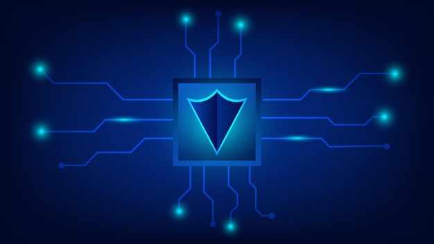 cyber security technology. privacy data protection. shield on computer chip and circuit board