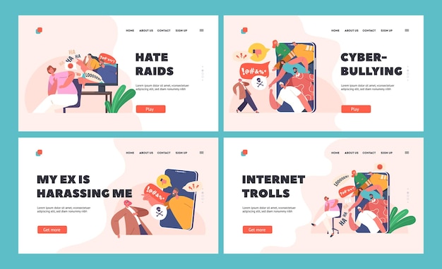 Cyberbullying Harassment Landing Page Template Set Cyber Bullying Problem Haters on Computer or Smartphone Screen