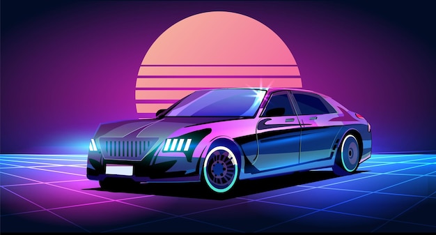 Cyberpunk business car in the retrowave style of the 80s illuminated with neon   illustration