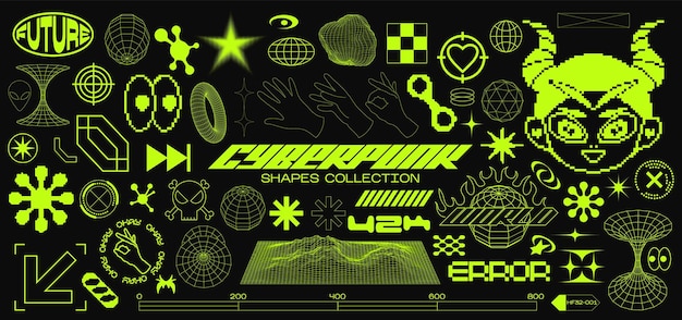 Cyberpunk futuristic shape design elementscollection of abstract graphic retro geometric symbols