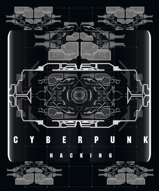 Cyberpunk Hacking futuristic poster with futuristic HUD elements abstract background Modern flyer for web and print Hacking cyber space programming