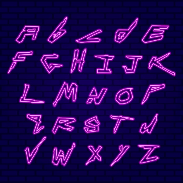 Cyberpunk Style Neon Letters On Dark Blue Brick Wall. Glowing alphabets. A-Z letters set. Vector ill