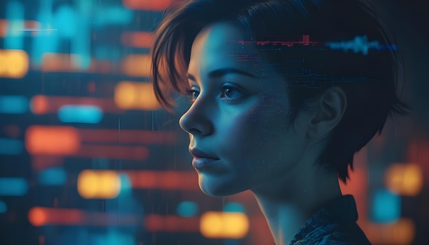 Cyberpunk style portrait of a woman with short hair illuminated by neon light with digital interface elements overlay Future technology and virtual reality concept