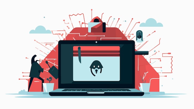 Vector cybersecurity concept with hacker attack on laptop vector illustration