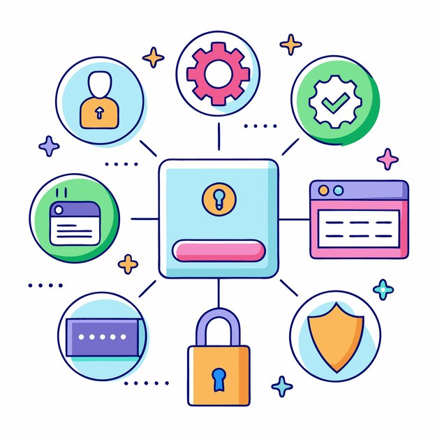 Vector cybersecurity concept with user data padlock shield and gear icons