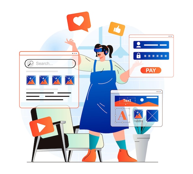 Cyberspace concept in modern flat design Woman working at internet using VR headset