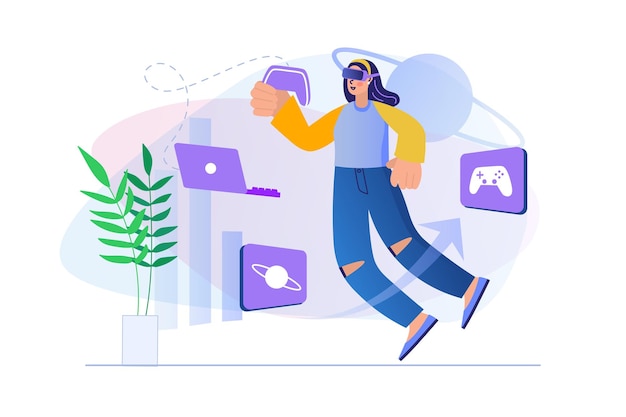 Cyberspace concept with people scene in flat design Woman in VR headset holding joystick and playing