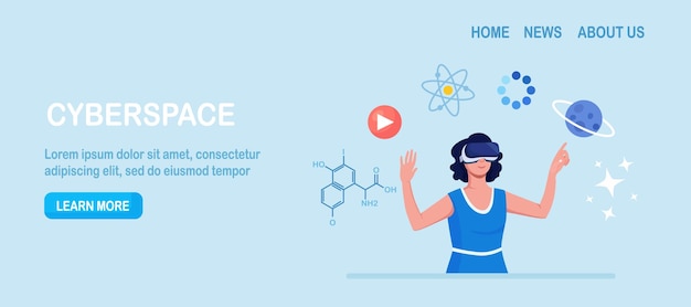 Cyberspace Metaverse Digital Virtual Reality Technology Innovation Interactive Education at Home Woman in VR Glasses and Headset Learning and Touching Elements of Simulation Cyber Technology