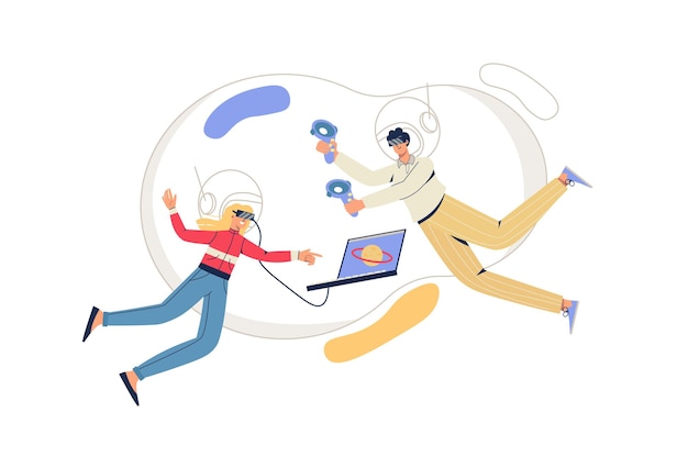 Cyberspace web concept. Man and woman in VR glasses fly in virtual reality. Interactive gaming, training with modern technologies minimal people scene. Vector illustration in flat design for website