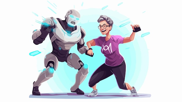 Vector cyborg and elderly woman characters doing exercises