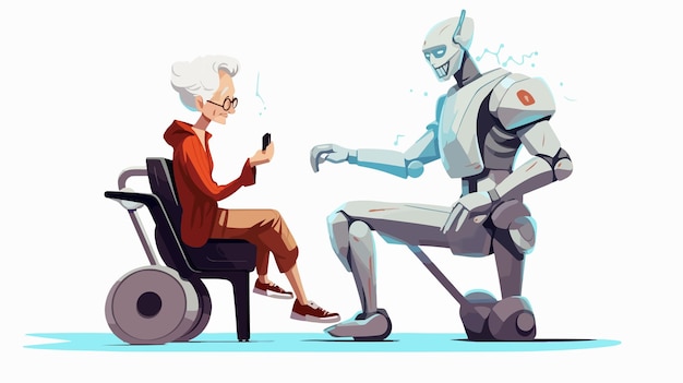 Vector cyborg and elderly woman characters doing exercises