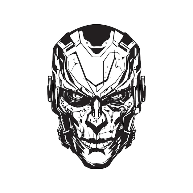 Cyborg logo concept black and white color hand drawn illustration