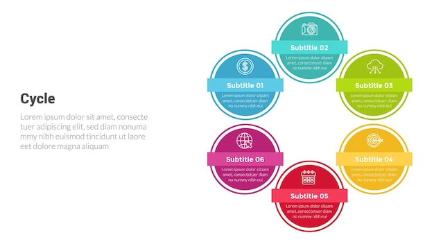 Cycle or cycles stage infographics template diagram with circular circle round shape and 6 point step creative design for slide presentation