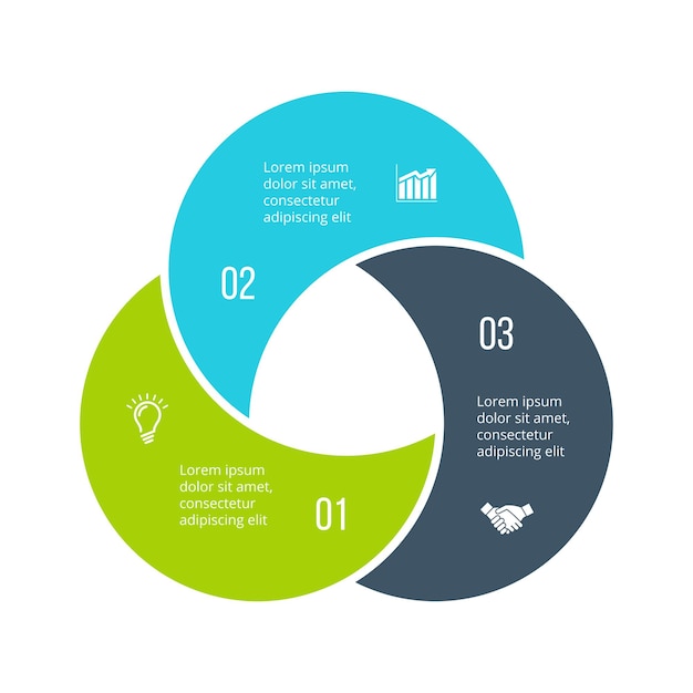 Cycle infographic diagram with 3 options or steps. Abstract element divided into three parts.