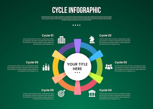 Vector cycle infographic with creative circle spreading shape with 6 point stage with modern dark style for slide presentation