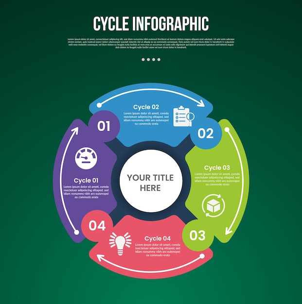 Vector cycle infographic with creative round pie chart with circle on center and arrow line direction with 4 point stage with modern dark style for slide presentation