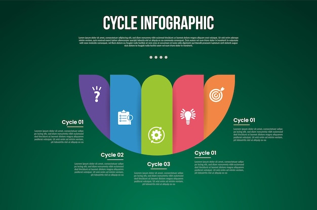 cycle infographic with half circle slice with 5 point stage with modern dark style for slide presentation