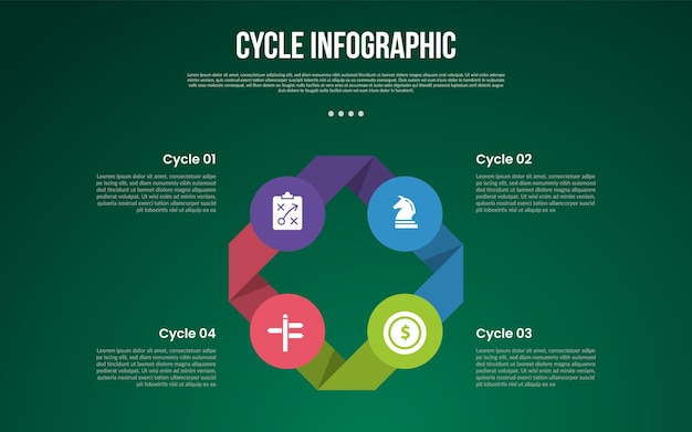 cycle infographic with ribbon folding and circle with 4 point stage with modern dark style for slide presentation