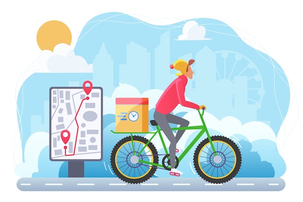 Cycle winter extreme delivery flat  . Courier on bicycle cartoon character. Ecological express shipping service. Cyclist carrying parcel. Cold weather man driving with package