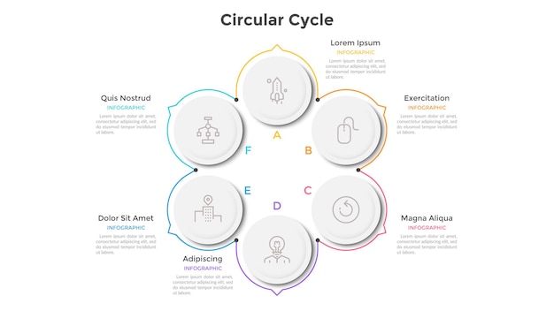 Cyclic diagram with 6 paper white round elements and arrows or pointers. Concept of six stages of business cycle. Infographic design template. Modern vector illustration for data visualization.