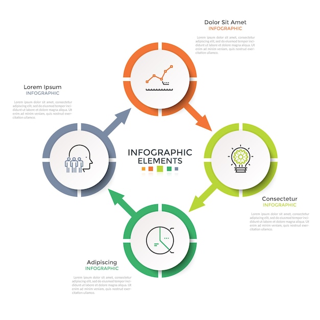 Cyclical diagram with 4 paper white round elements connected by arrows. Creative infographic design layout. Vector illustration in modern clean style for four-stepped business cycle visualization.