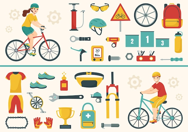 Cycling and Bicycle Tool Set Illustration of a Mechanic Repairing Bicycles with Spare Parts