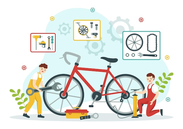 Cycling and Bicycle Tool Set Illustration of a Mechanic Repairing Bicycles with Spare Parts