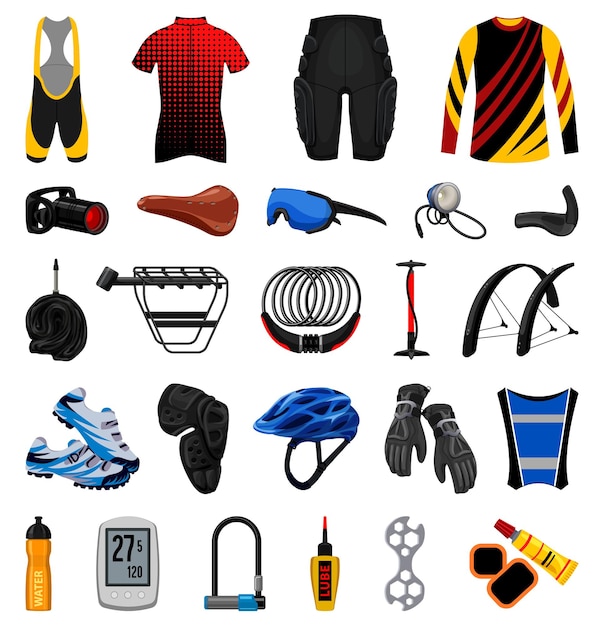 Cycling equipment icons set cartoon vector. Bike equipment