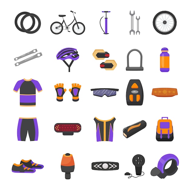 Cycling equipment icons set cartoon vector Bike equipment