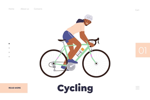 Vector cycling promotion landing page design template with happy woman enjoying fast riding on bicycle website vector illustration advertising sport and healthy lifestyle urban recreation and training