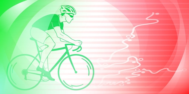 Cycling themed background in the colors of the national flag of Italy with sport symbols such as an athlete cyclist and a bike race route as well as abstract curves and lines