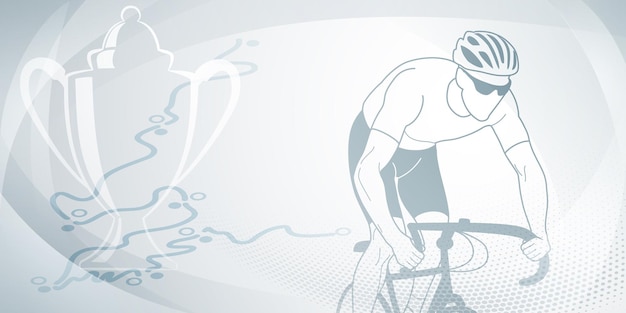 Cycling themed background in gray colors with sport symbols such as an athlete cyclist cup and a bike race route as well as abstract curves and dots