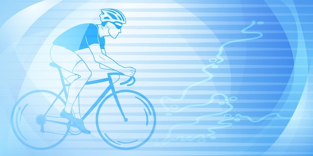 Cycling themed background in light blue colors with sport symbols such as an athlete cyclist and a bike race route as well as abstract curves and lines